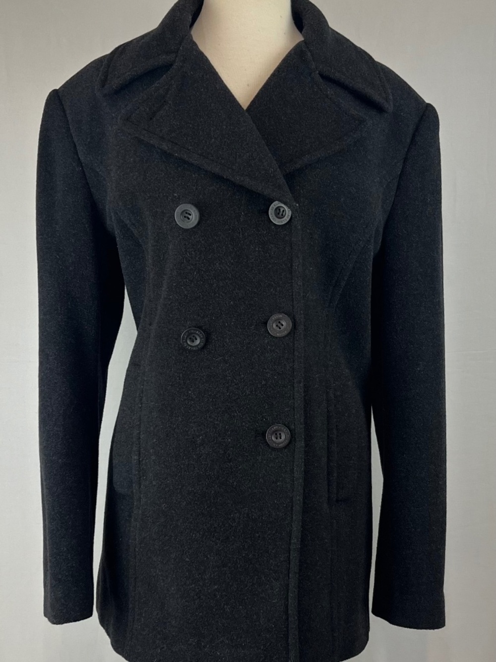 GUC CHARLES KLEIN Womens Double Breasted Pea Coat Charcoal Wool Blend Size 14